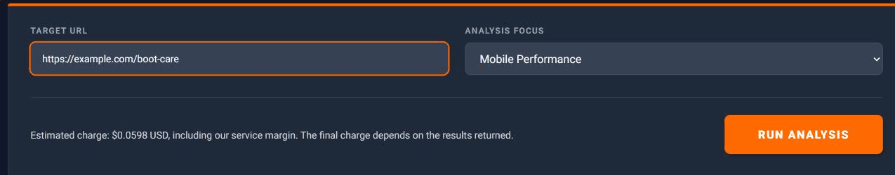 Deep Audit showing the full example page URL and Mobile Performance selected under Analysis Focus.
